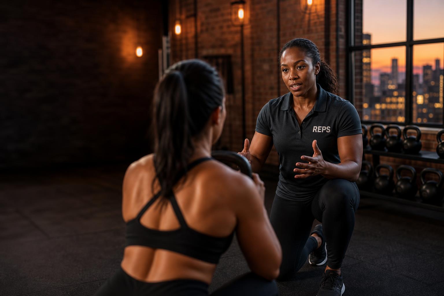 REPS-verified coach cueing a kettlebell squat with a client at a premium boutique gym at dusk