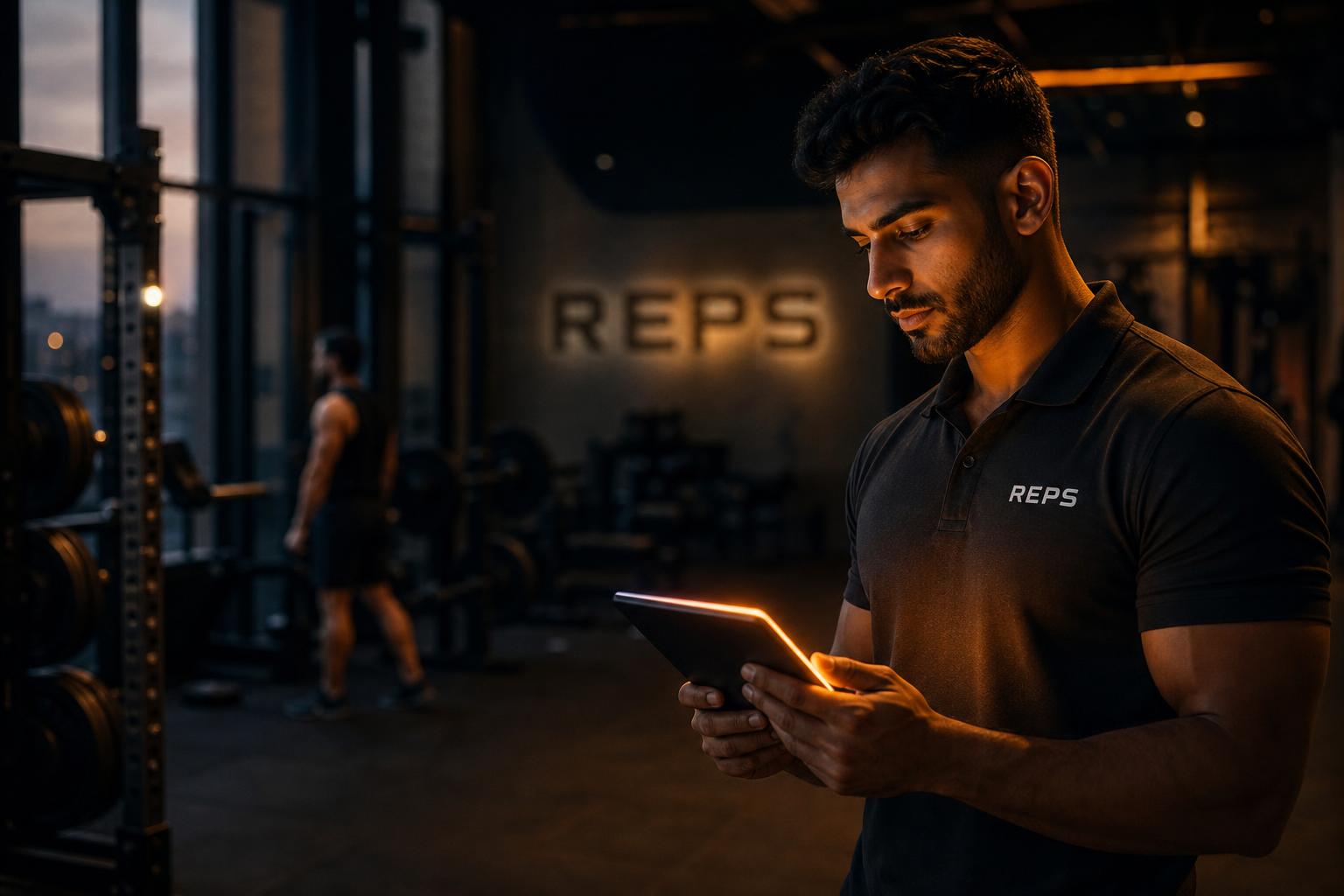 REPS-verified coach reviewing AI-drafted programmes and check-ins on a tablet at a premium boutique gym