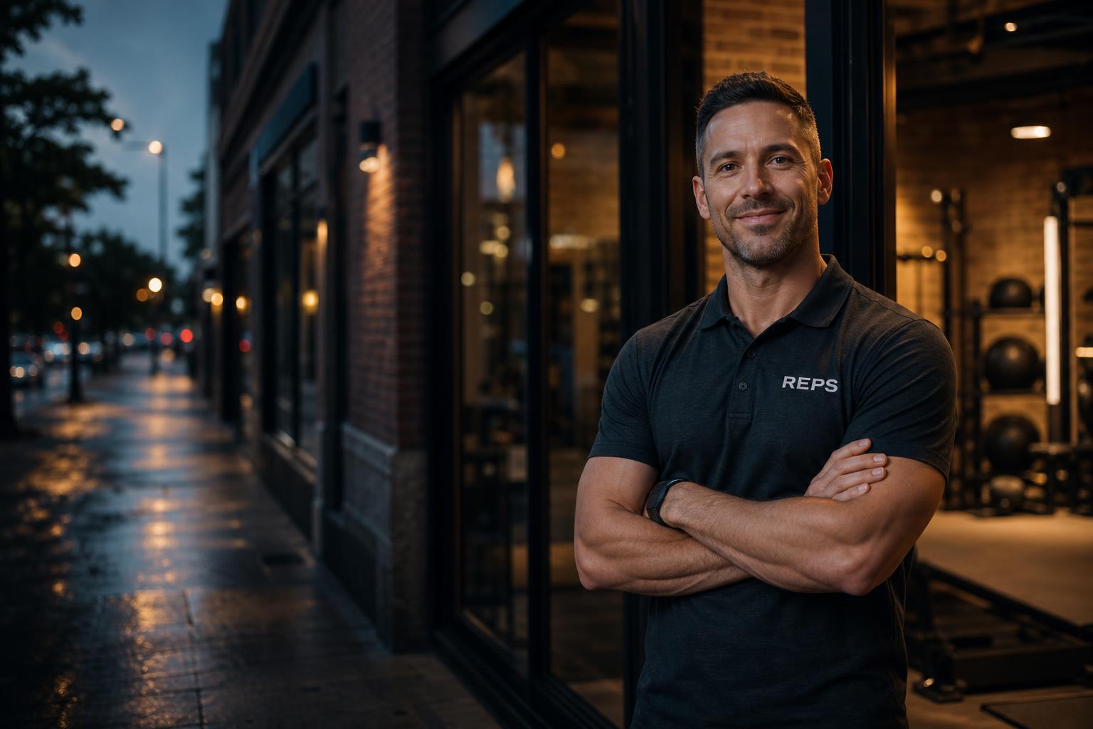 Verified REPS trainer outside a premium boutique studio at dusk