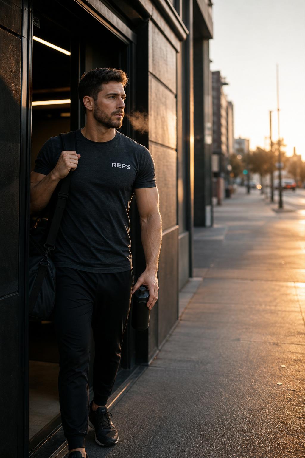 An independent personal trainer leaving a studio at dawn with a kit bag.